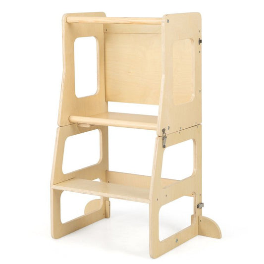 3-in-1 Foldable Kitchen Standing Tower for Toddlers with Chalkboard - Natural CuteNest