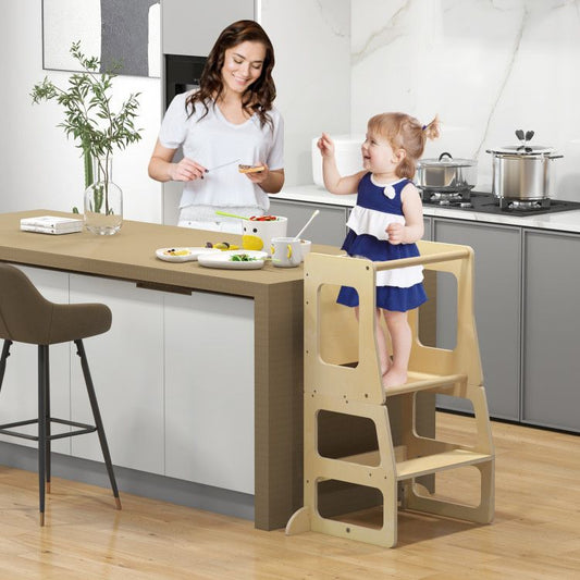 3-in-1 Foldable Kitchen Standing Tower for Toddlers with Chalkboard - Natural CuteNest