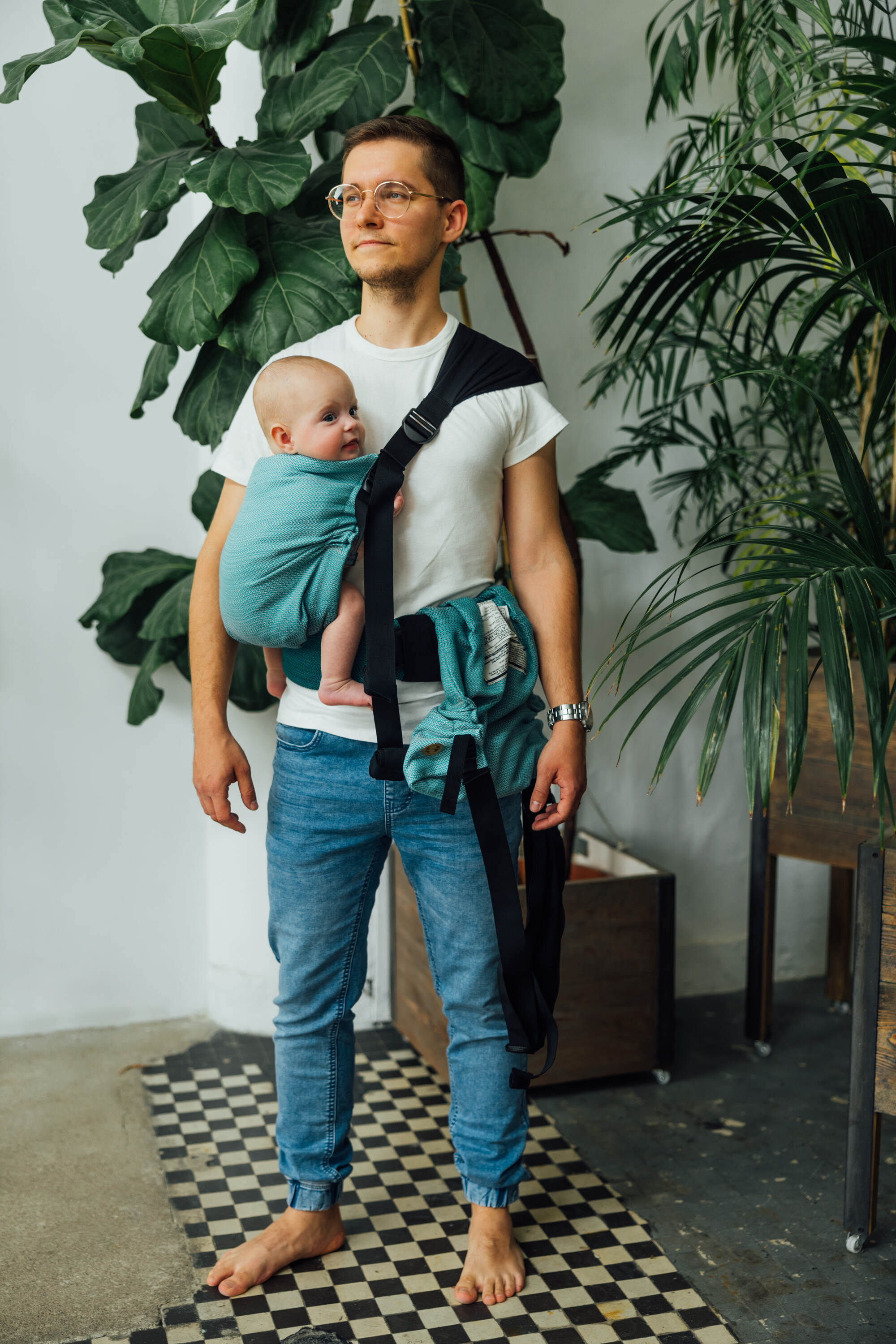 LennyTwin Adjustable Twin Carrier – Standard Size, Little Herringbone Ombre Green