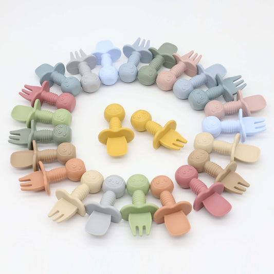 Baby Bear Pattern Complementary Food Training Lovely Silicone Spoon Fork Sets - Natural CuteNest