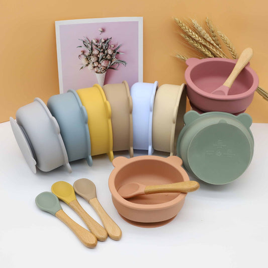 Baby Bear Shape Food Training Silicone Bowl With Spoon Tableware - Natural CuteNest