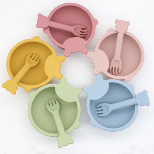 Baby Cartoon Bear Shape Complementary Food Training Silicone Bowl With Spoon Sets - Natural CuteNest