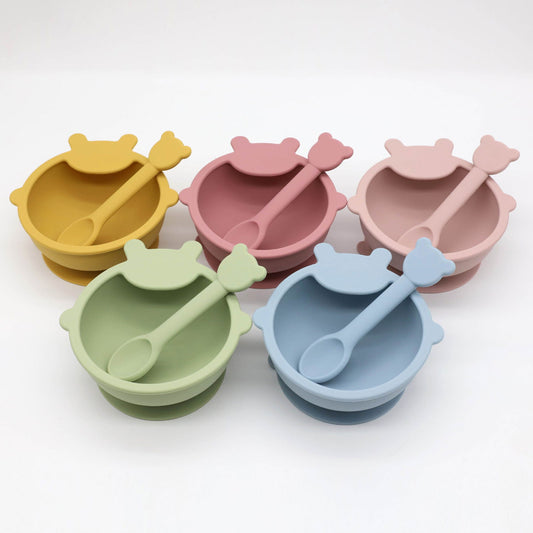 Baby Cartoon Bear Shape Complementary Food Training Silicone Bowl With Spoon Sets - Natural CuteNest