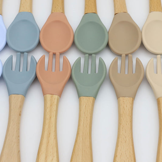 Baby Food Grade Wooden Handles Silicone Spoon Fork Cutlery - Natural CuteNest