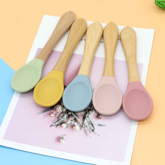 Baby Food Grade Wooden Handles Silicone Spoon Fork Cutlery - Natural CuteNest