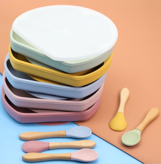 Baby Silicone Compartment Plate With Wooden Spoon - Natural CuteNest