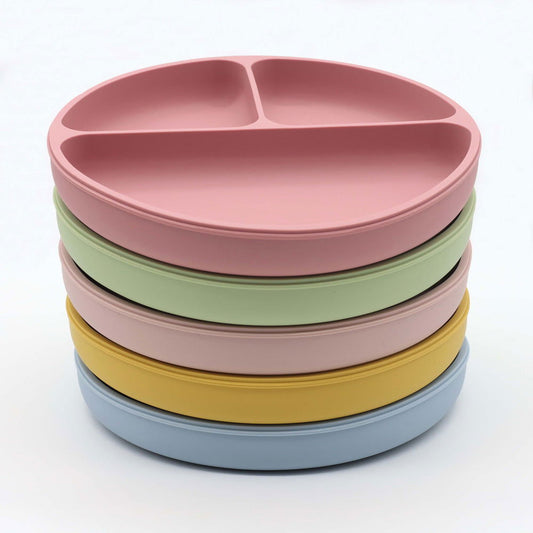 Baby Silicone Round Sucker Compartment Dinner Plate With Spoon Fork Sets - Natural CuteNest