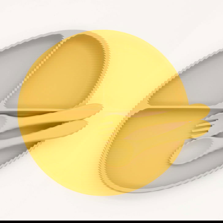 Baby Silicone Round Sucker Compartment Dinner Plate With Spoon Fork Sets - Natural CuteNest