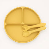Baby Silicone Round Sucker Compartment Dinner Plate With Spoon Fork Sets - Natural CuteNest