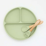 Baby Silicone Round Sucker Compartment Dinner Plate With Spoon Fork Sets - Natural CuteNest