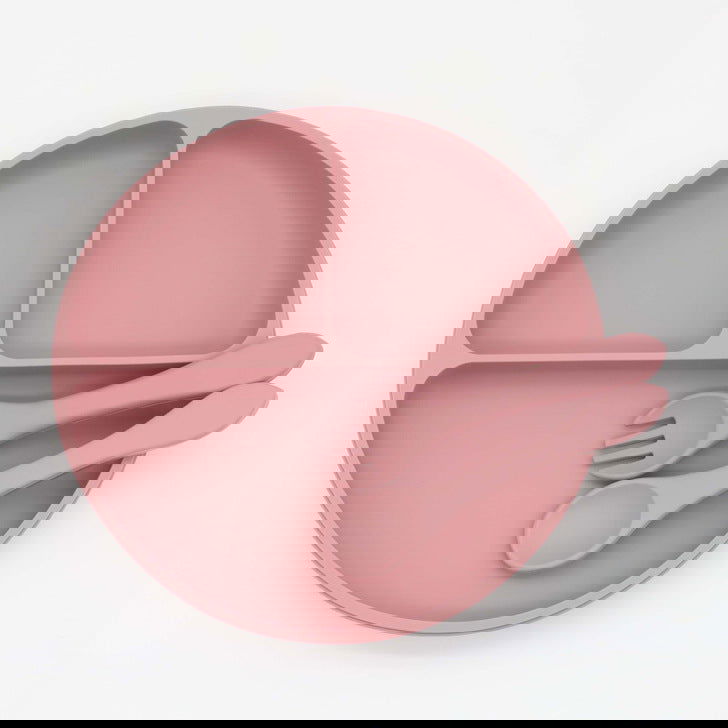 Baby Silicone Round Sucker Compartment Dinner Plate With Spoon Fork Sets - Natural CuteNest