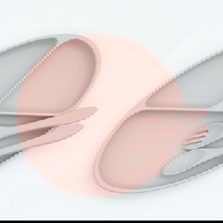 Baby Silicone Round Sucker Compartment Dinner Plate With Spoon Fork Sets - Natural CuteNest