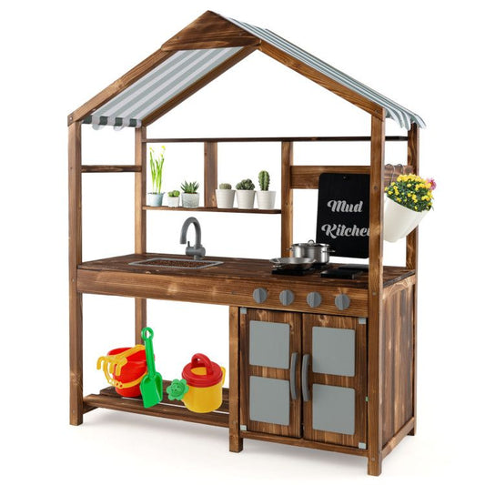 Kid's Mud Kitchen Outdoor Solid Wood Mud Kitchen with Canopy - Natural CuteNest
