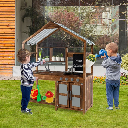 Kid's Mud Kitchen Outdoor Solid Wood Mud Kitchen with Canopy - Natural CuteNest