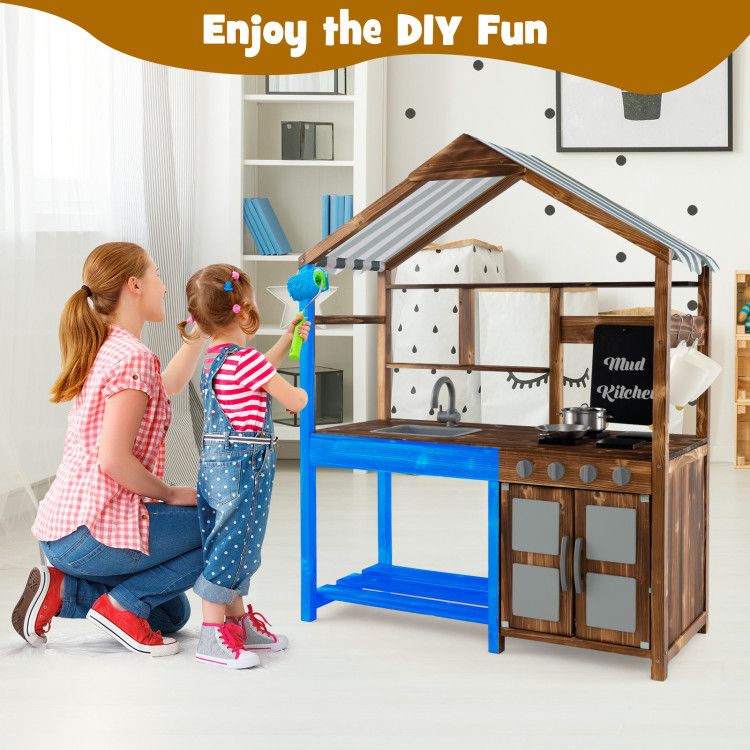 Kid's Mud Kitchen Outdoor Solid Wood Mud Kitchen with Canopy - Natural CuteNest