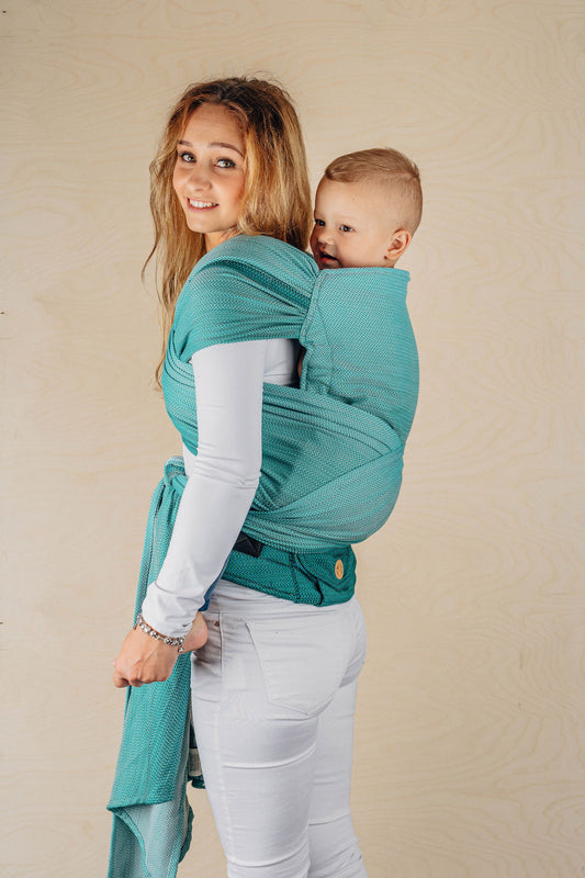 LennyHybrid Half Buckle Carrier, Preschool Size, herringbone weave 100% cotton - LITTLE HERRINGBONE OMBRE GREEN - Natural CuteNest