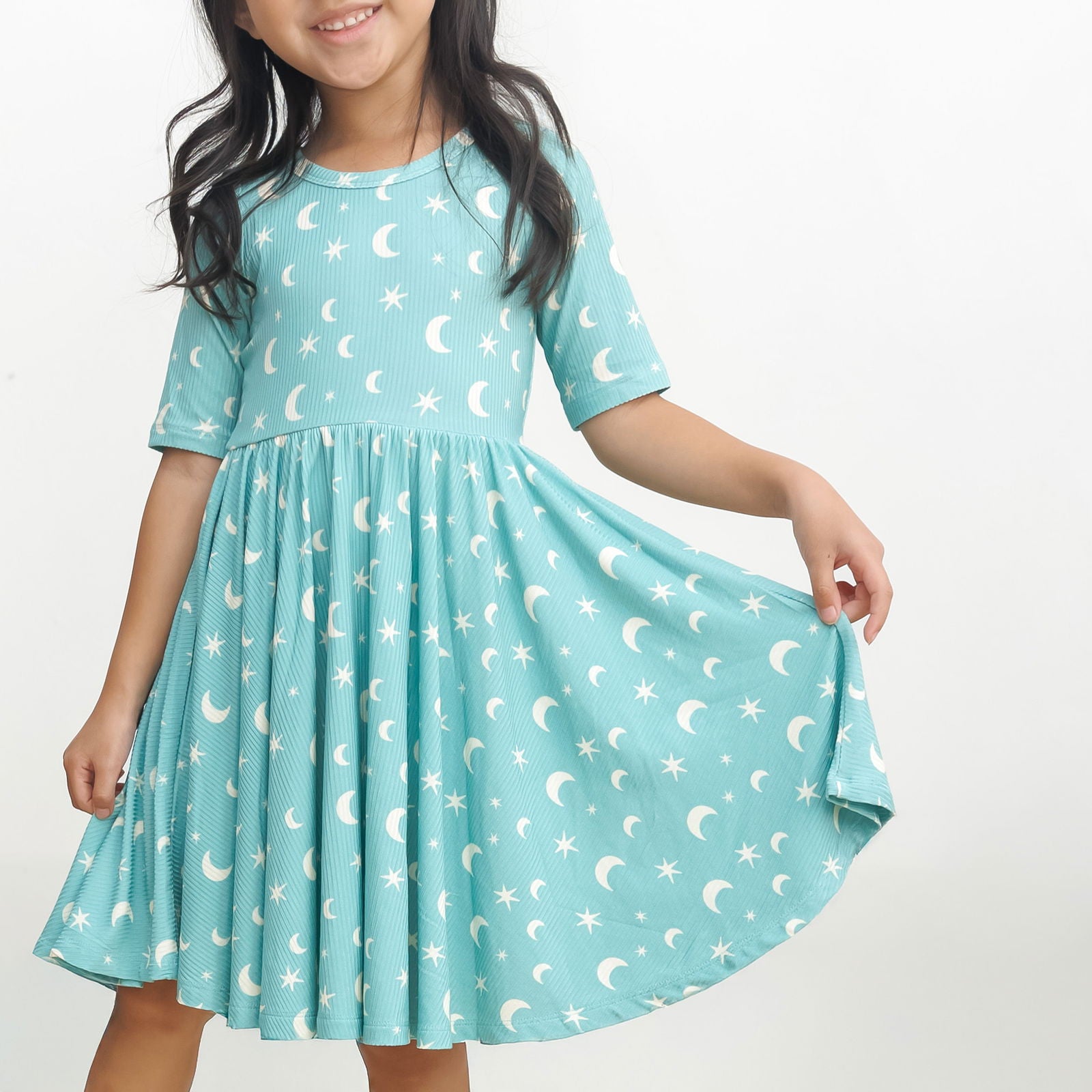 MID SLEEVE TWIRL- Moon + Stars Ribbed - Natural CuteNest