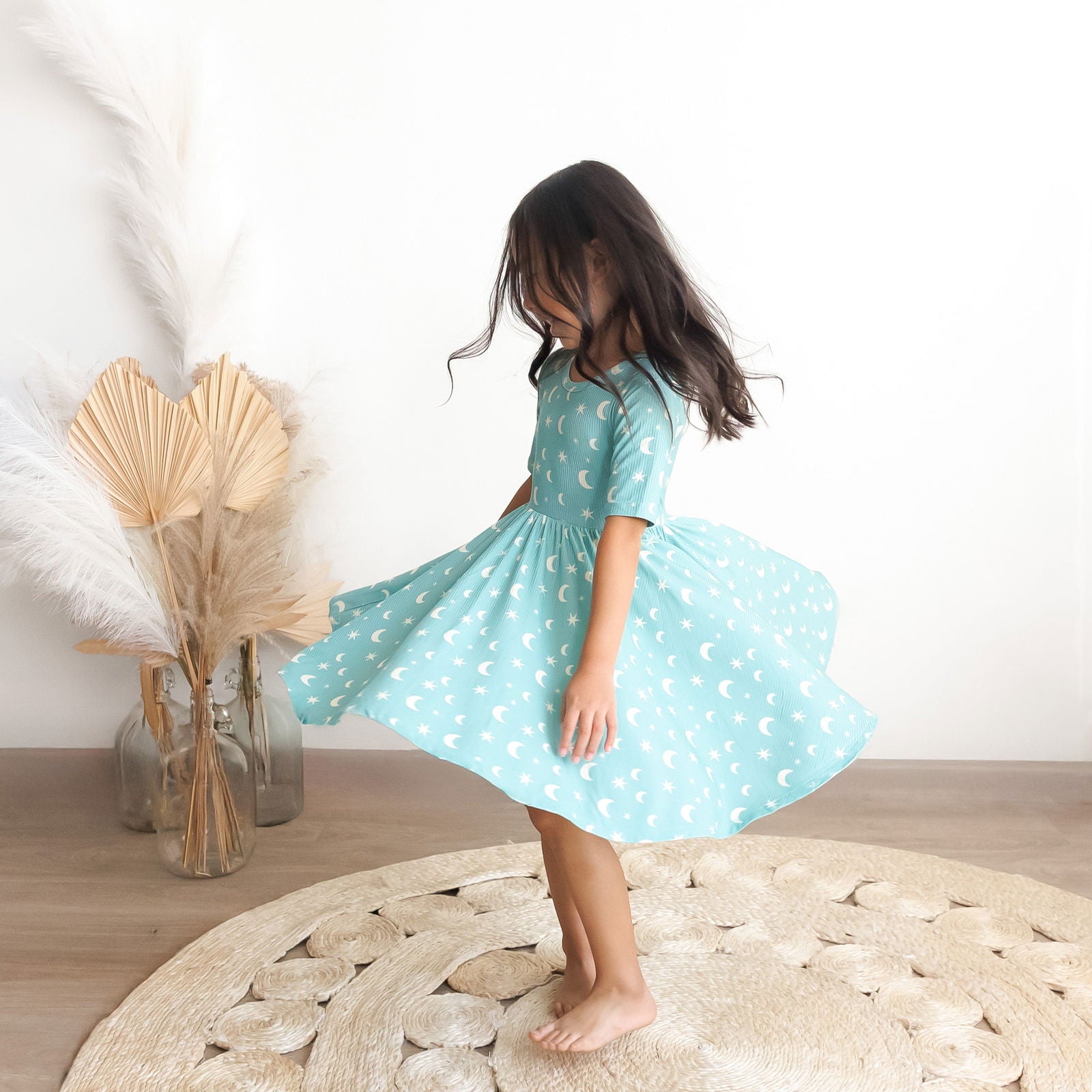 MID SLEEVE TWIRL- Moon + Stars Ribbed - Natural CuteNest